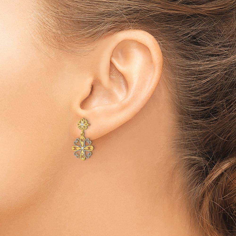 14K Yellow Gold Floral Dangle Earrings with Rhodium Beaded Heart Petal Design by 0