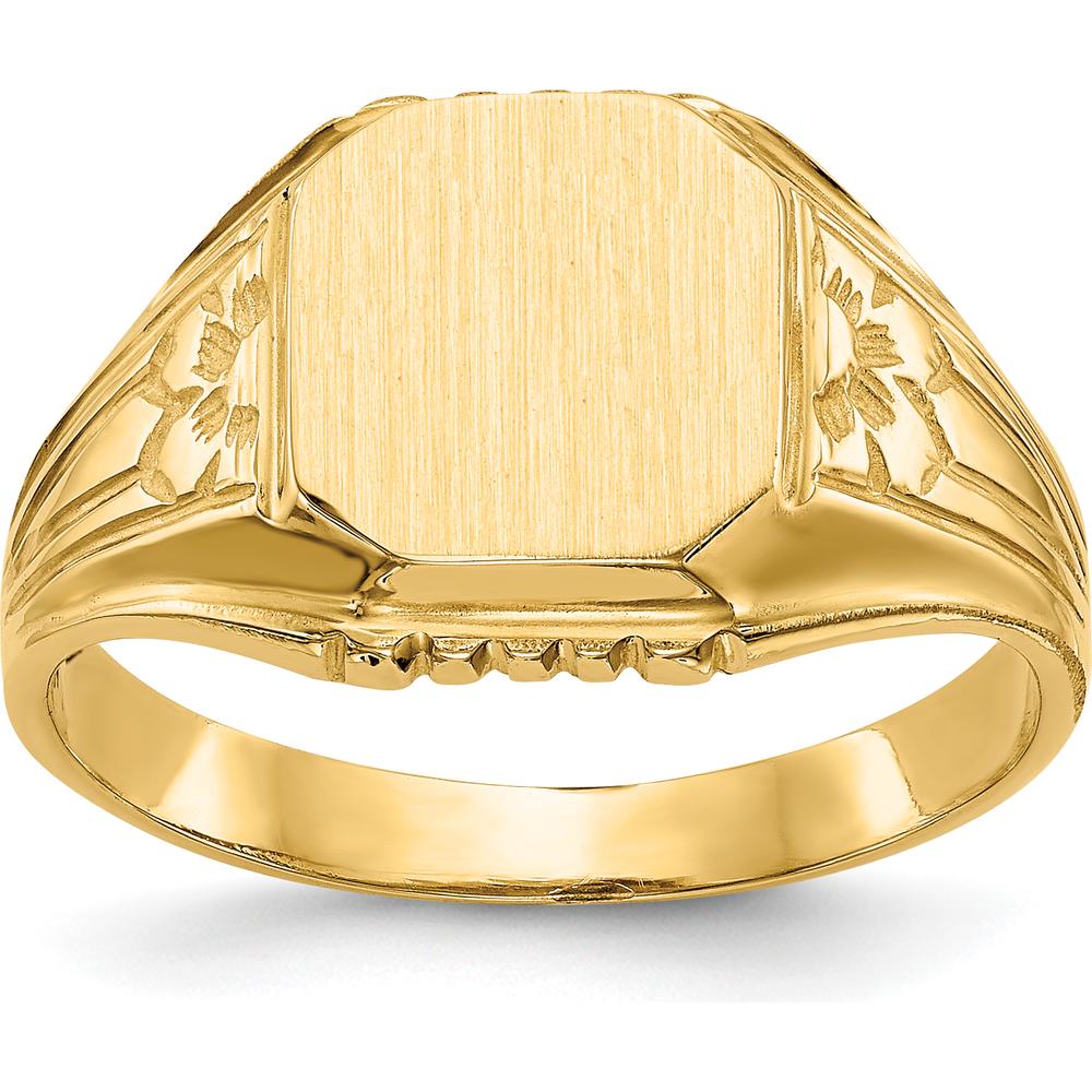 14K Yellow Gold Floral Design Open Back Signet Ring - Engravable, 9.0mm Top Width and Length by Oro Pregiato