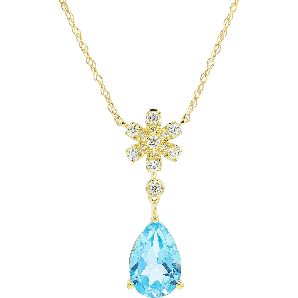 14K Yellow Gold Floral Diamond and Pear-Shaped Blue Topaz Drop Necklace - 1.50 Carat Blue Topaz and 0.14 Carat Total Diamond Weight