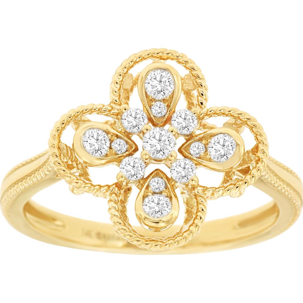 14K Yellow Gold Floral Diamond Ring with Round Diamond Accents - 0.25 Carat Total Diamond Weight - Royal Jewelry