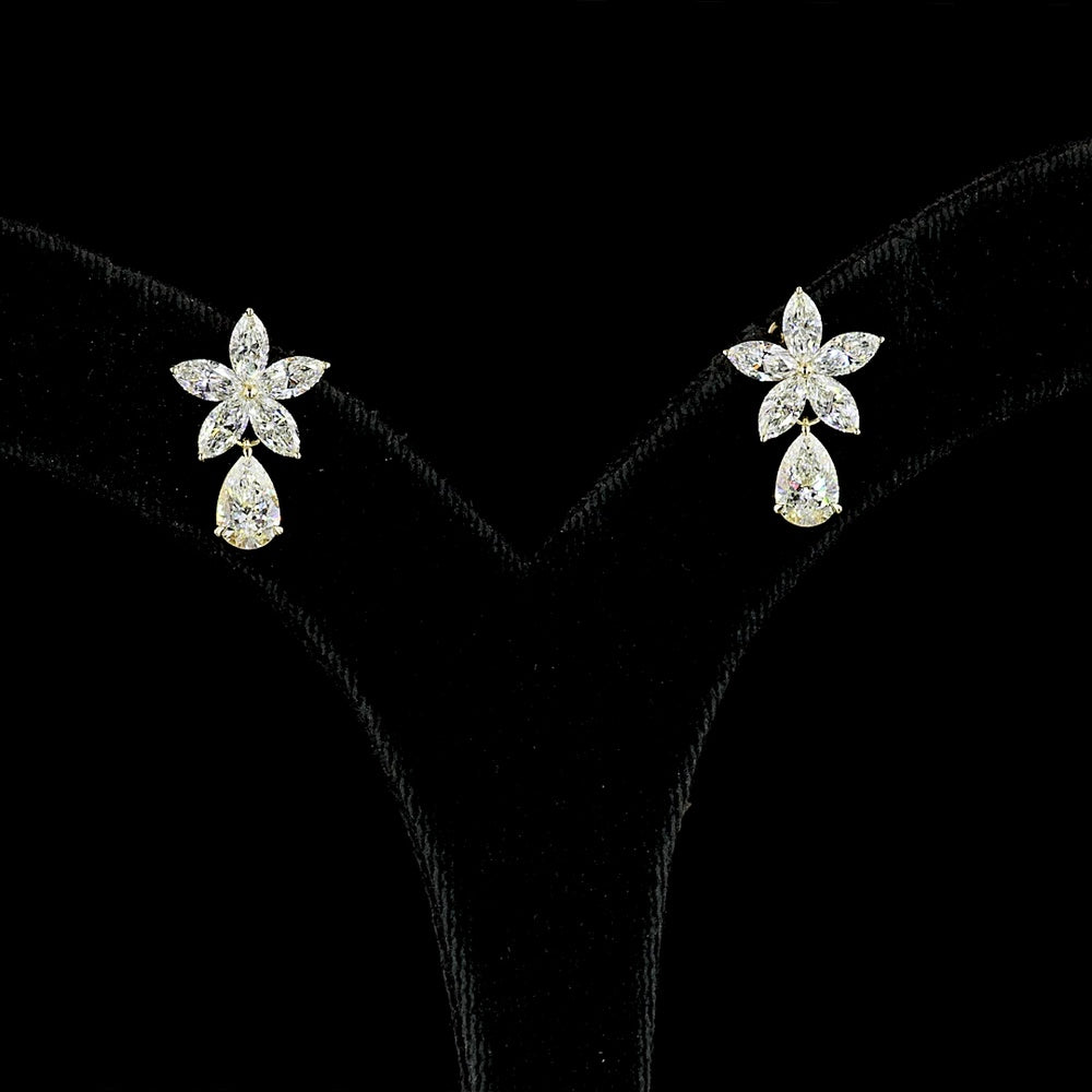 14K Yellow Gold Floral Drop Earrings with Pear and Marquise Lab Diamond Clusters - 3.25 Total Carat Weight, E-F VS Clarity - Covaloro Fine Jewelry