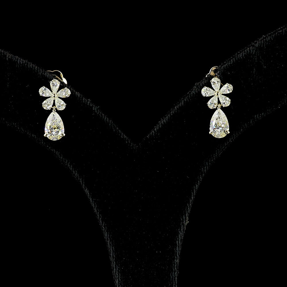 14K Yellow Gold Floral Drop Earrings with Pear Shaped Lab Diamonds - 1.95 Carat Total Weight (0.65 Carat Each Main Stone, 0.69 Carat Total Accents) - Covaloro Fine Jewelry