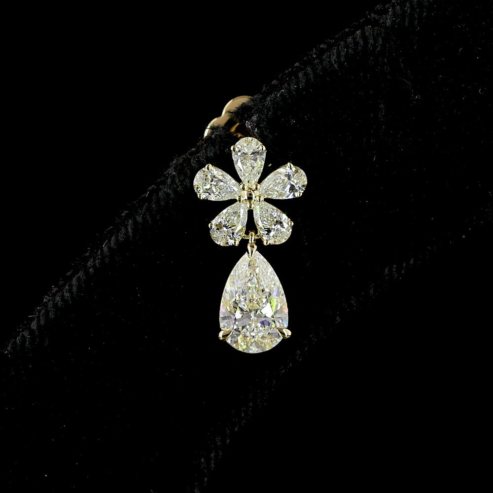 14K Yellow Gold Floral Drop Earrings with Pear Shaped Lab Diamonds - 1.95 Carat Total Weight (0.65 Carat Each Main Stone, 0.69 Carat Total Accents) - Covaloro Fine Jewelry