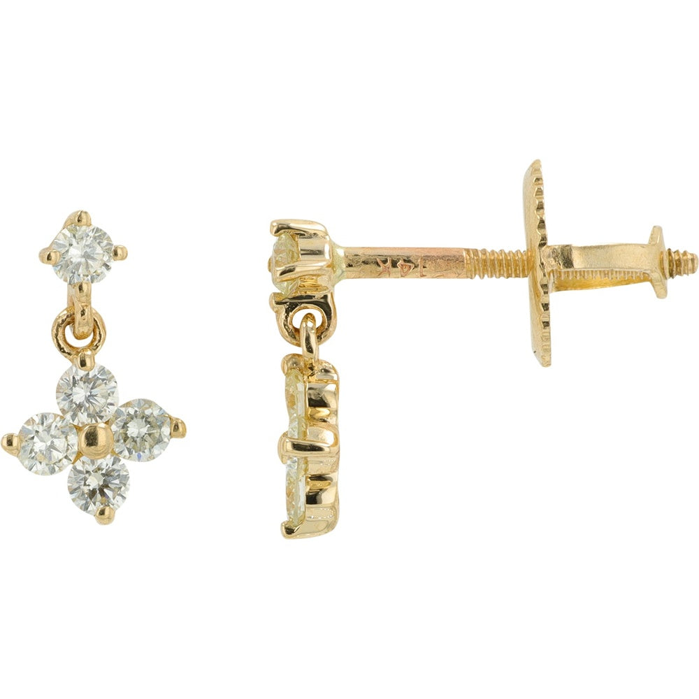 14K Yellow Gold Floral Drop Earrings with Round Prong-Set Diamonds - 0.31 Carat Total Diamond Weight
