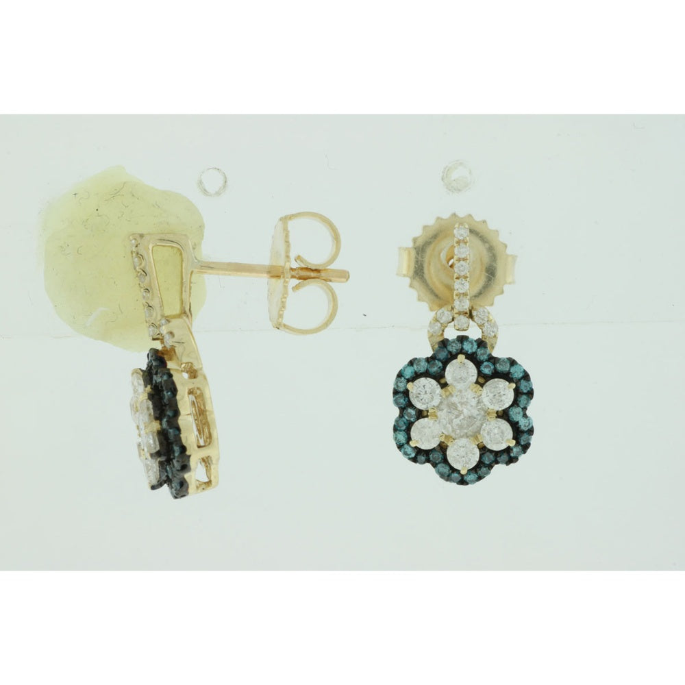 14K Yellow Gold Floral Drop Earrings with Round White and Blue Diamond Halo - 0.48 Carat White Diamond and 0.55 Carat Blue Diamond Total Weight - Royal Jewelry