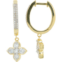 14K Yellow Gold Floral Drop Hoop Earrings with Pave-Set and Prong-Set Lab Grown Round Diamonds - 1.00 Carat Total Diamond Weight