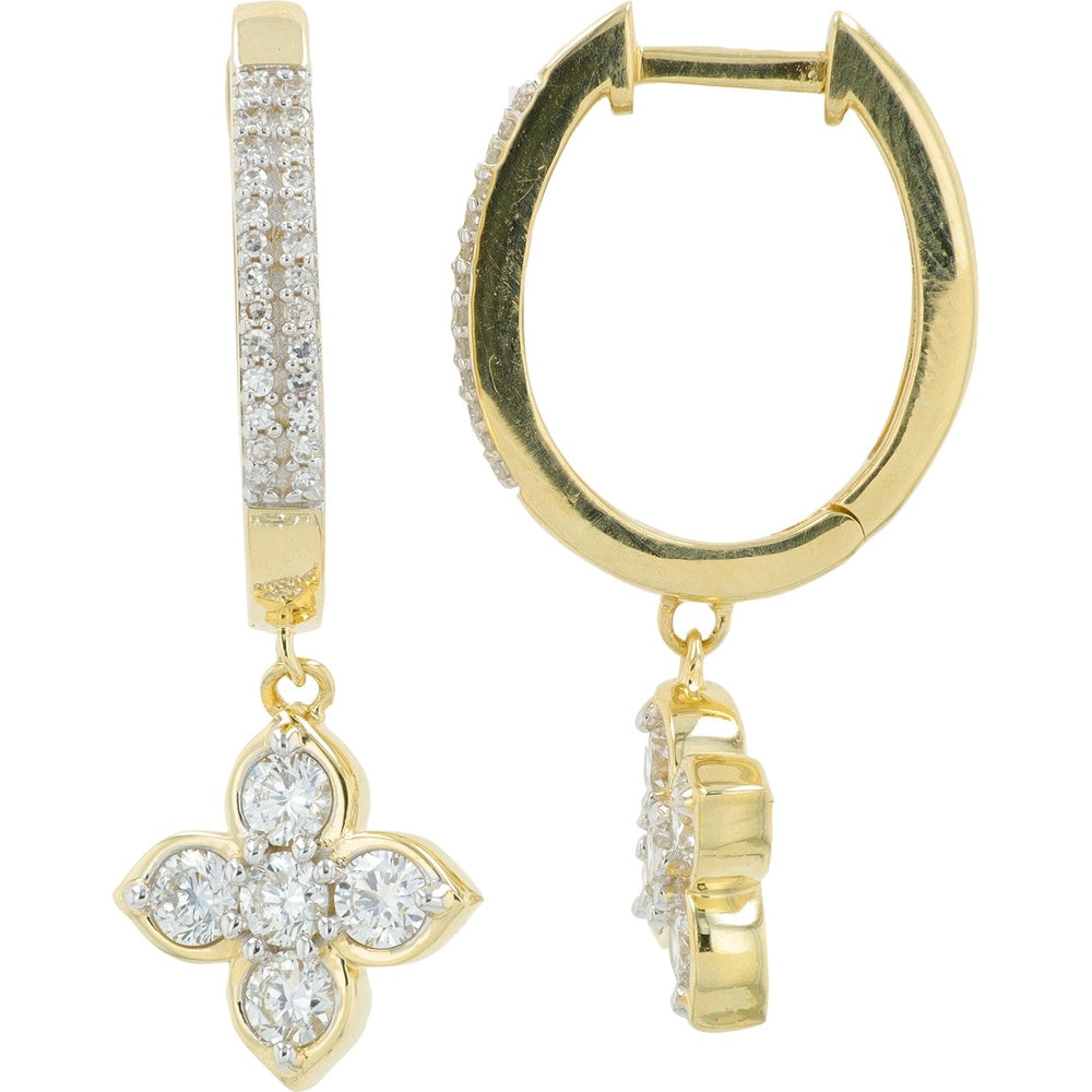 14K Yellow Gold Floral Drop Hoop Earrings with Pave-Set and Prong-Set Lab Grown Round Diamonds - 1.00 Carat Total Diamond Weight