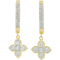 14K Yellow Gold Floral Drop Hoop Earrings with Pave-Set and Prong-Set Lab Grown Round Diamonds - 1.00 Carat Total Diamond Weight