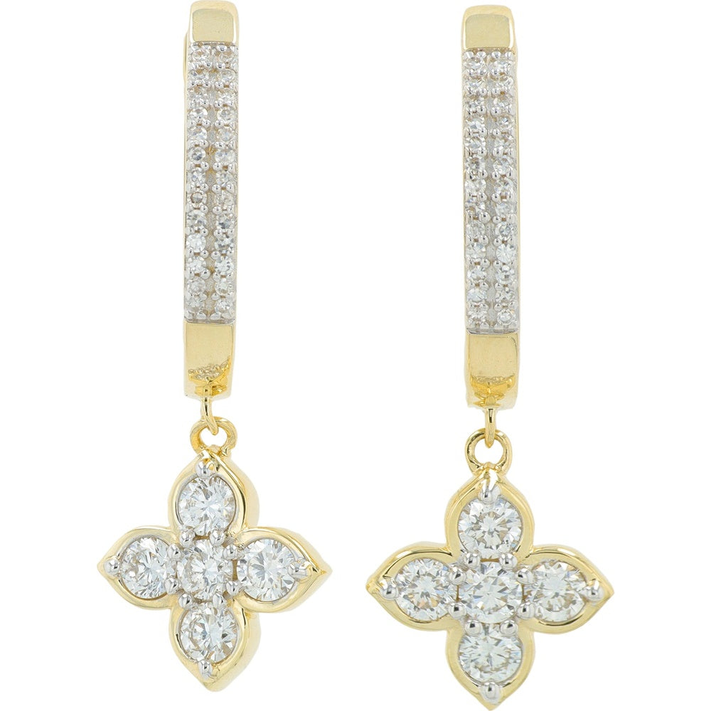 14K Yellow Gold Floral Drop Hoop Earrings with Pave-Set and Prong-Set Lab Grown Round Diamonds - 1.00 Carat Total Diamond Weight