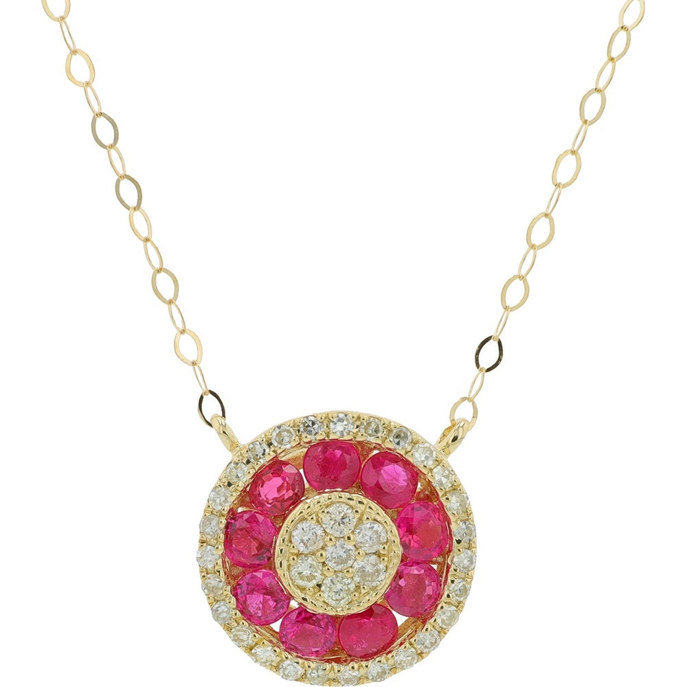 14K Yellow Gold Floral Halo Pendant Necklace with Round Rubies and Diamond Accent - 0.15 Carat Total Diamond Weight