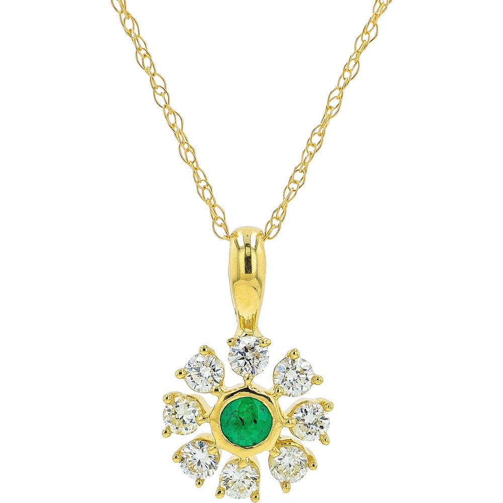 14K Yellow Gold Floral Halo Pendant with Round Emerald and Diamond Accents - 0.10 Carat Emerald and 0.27 Carat Total Diamond Weight