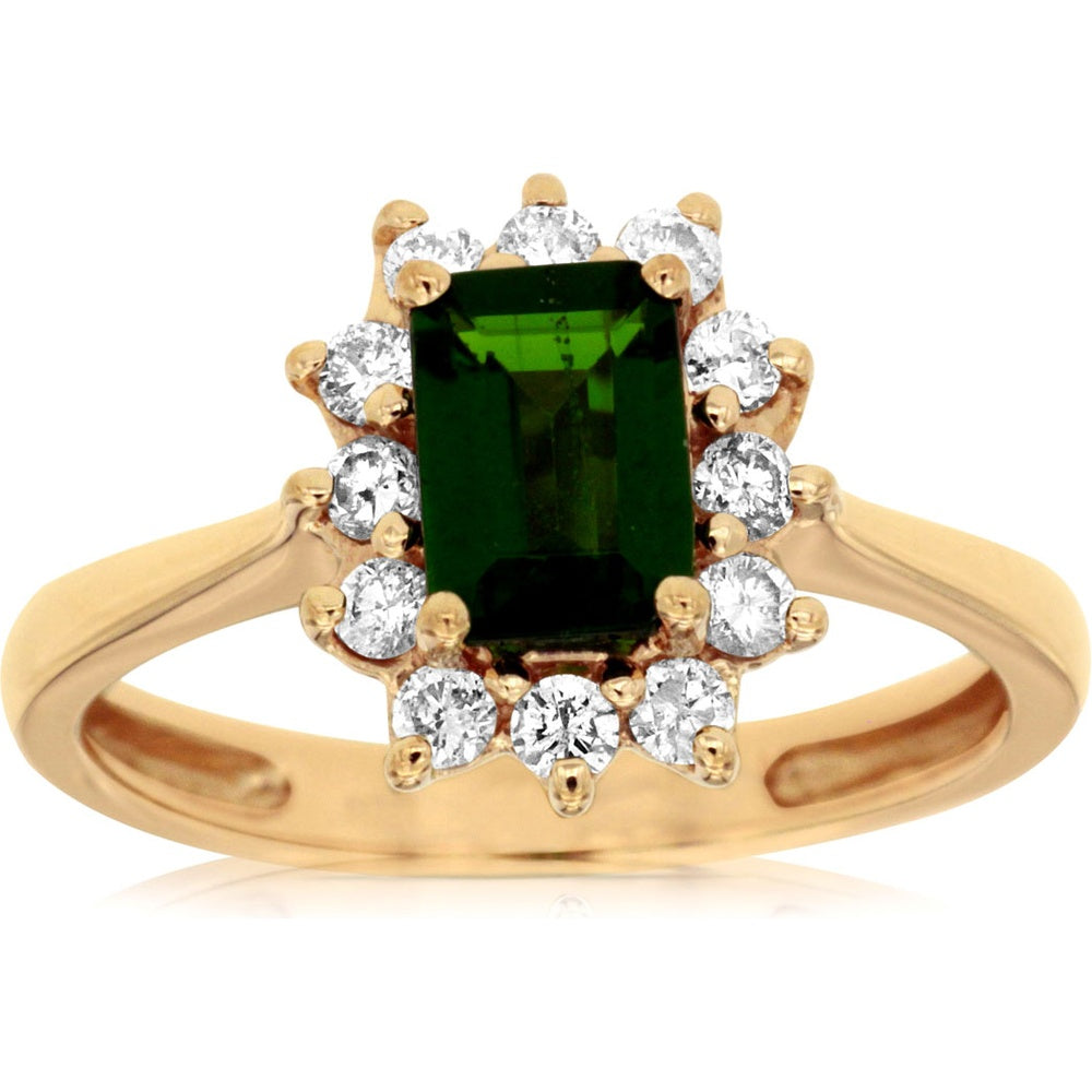 14K Yellow Gold Floral Halo Ring with Emerald-Cut Russalite and Round Diamond Accents - 1.00 Carat Russalite & 0.38 Carat Total Diamond Weight - Royal Jewelry