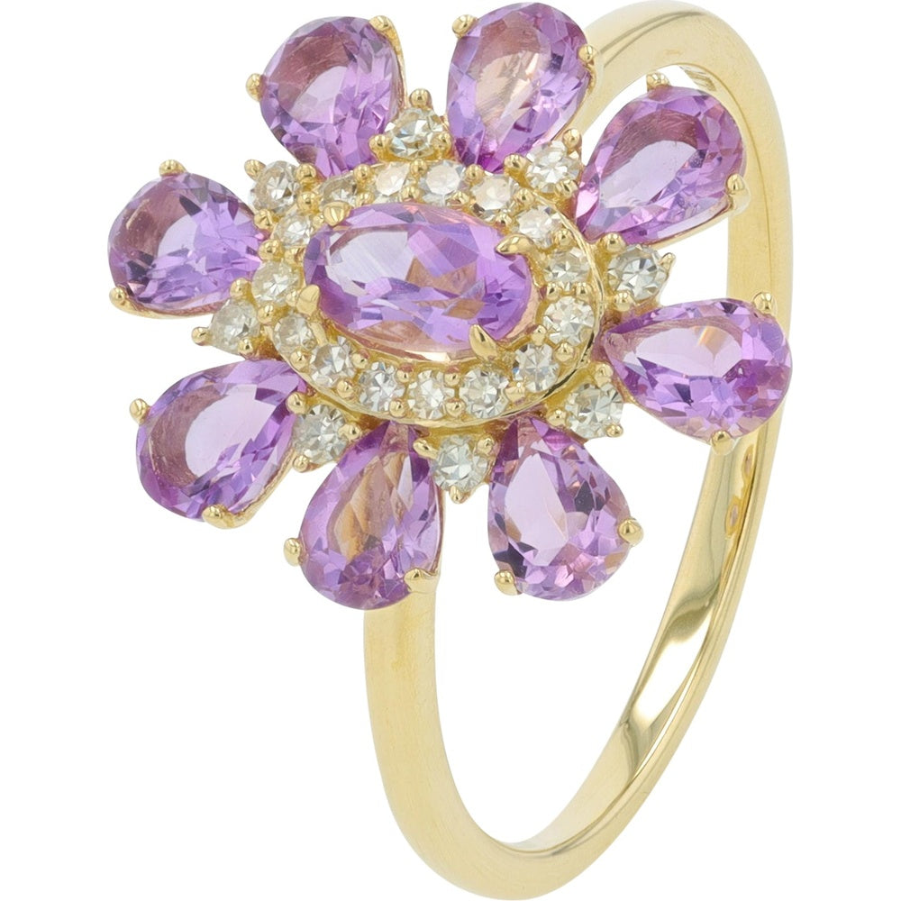 14K Yellow Gold Floral Halo Ring with Oval and Pear Amethysts and Round Diamonds - 1.35 Carat to 1.75 Carat Total Amethyst Weight