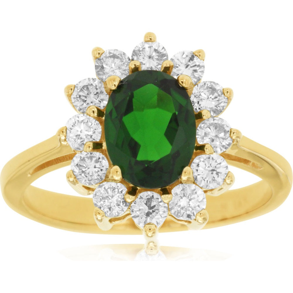 14K Yellow Gold Floral Halo Ring with Oval-Cut Russalite and Round Diamonds - 1.30 Carat Russalite and 0.75 Carat Total Diamond Weight - Royal Jewelry