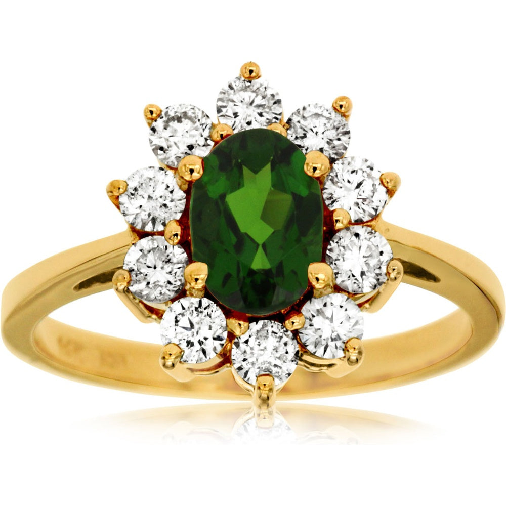 14K Yellow Gold Floral Halo Ring with Oval Russalite and Round Diamonds - 0.95 Carat Russalite and 0.75 Carat Total Diamond Weight - Royal Jewelry