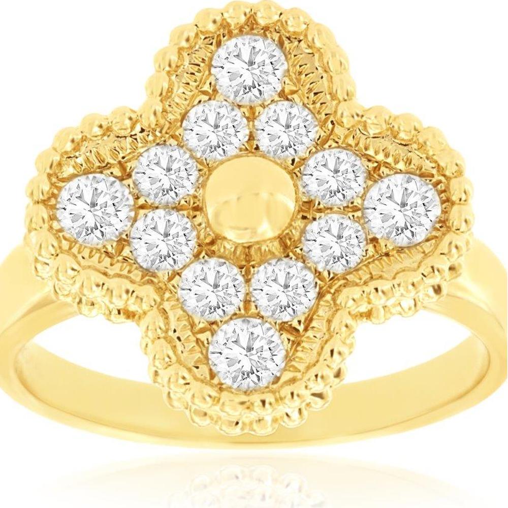 14K Yellow Gold Floral Halo Ring with Round Brilliant Cut Diamonds - 0.73 Carat Total Diamond Weight - Royal Jewelry