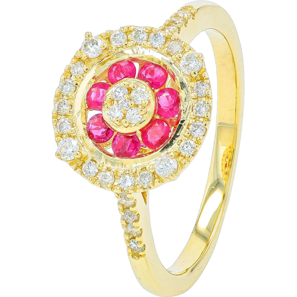 14K Yellow Gold Floral Halo Ring with Round Rubies and Round Diamonds - 0.35 Carat Ruby Weight and 0.25 Carat Diamond Weight