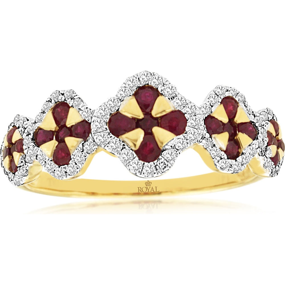 14K Yellow Gold Floral Halo Ring with Round Ruby Cluster and Diamond Accents - 0.60 Carat Total Ruby Weight and 0.22 Carat Total Diamond Weight - Royal Jewelry