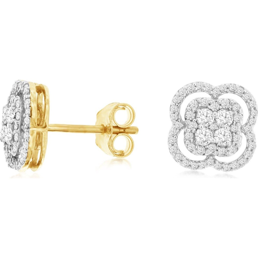 14K Yellow Gold Floral Halo Stud Earrings with Prong-Set Round Diamonds - 0.50 Carat Total Diamond Weight - Royal Jewelry