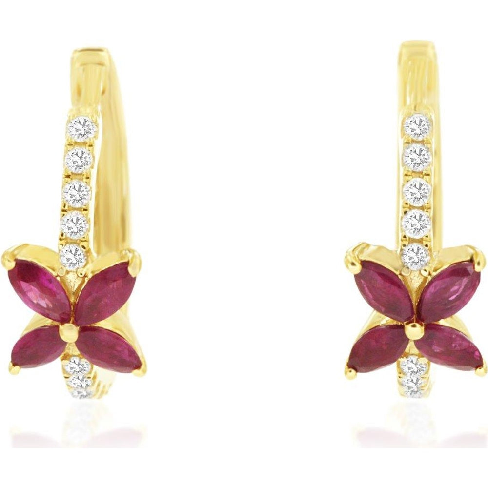 14K Yellow Gold Floral Hoop Earrings with Pear-Shaped Rubies and Pavé Set Round Diamonds - 0.66 Carat Total Ruby Weight and 0.15 Carat Total Diamond Weight - Royal Jewelry