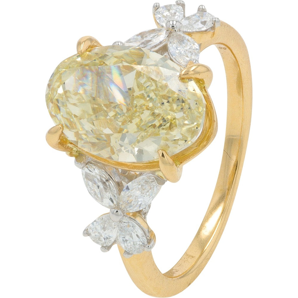 14K Yellow Gold Floral-Inspired Ring with 4.08 Carat Oval Lab Grown Diamond and Marquise Accents - 4.68 Carat Total Diamond Weight, IGI Certified