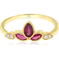14K Yellow Gold Floral Milgrain Ring with Pear and Marquise Rubies and Diamond Accents - 0.42 Carat Ruby and 0.06 Carat Diamond Total Weight - Royal Jewelry