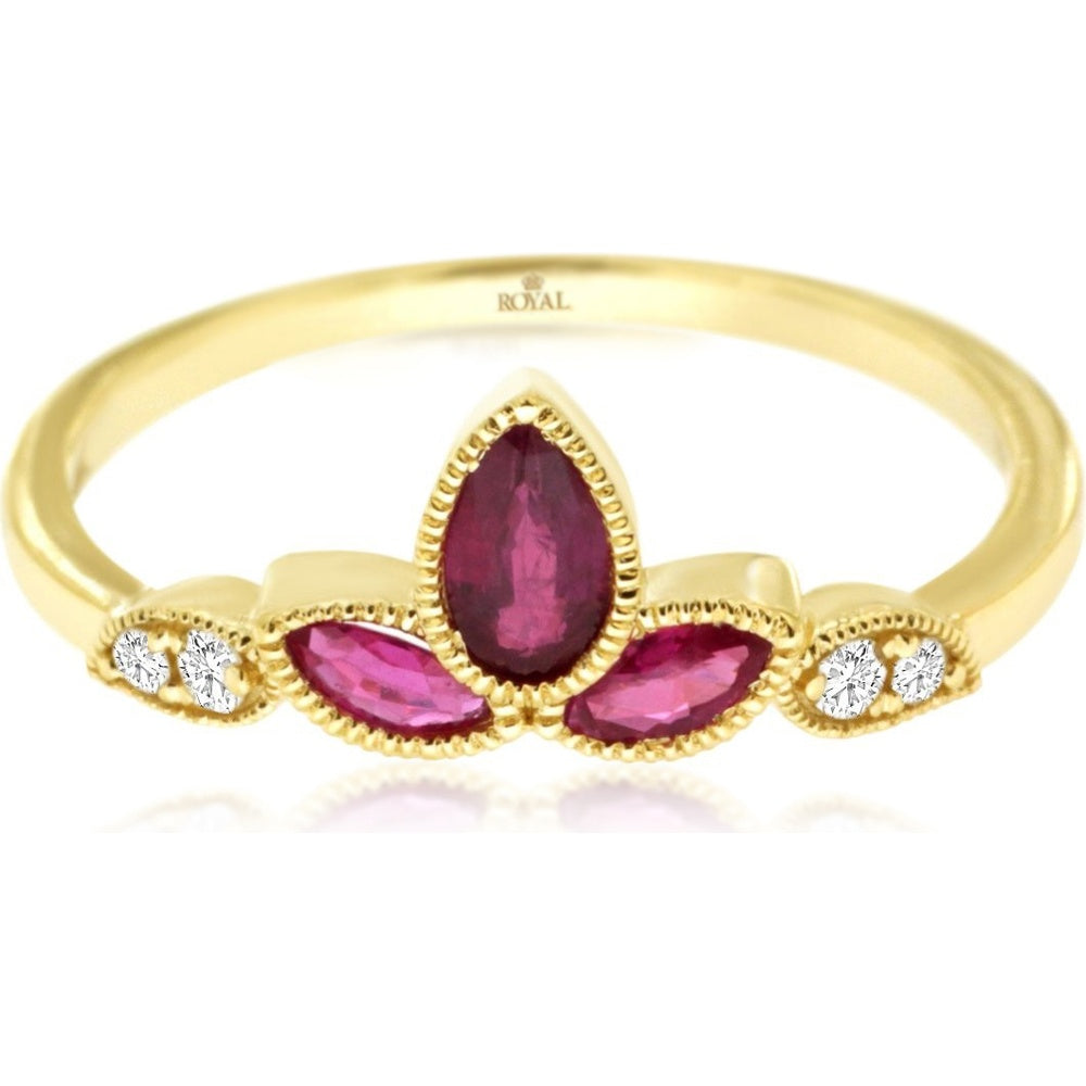 14K Yellow Gold Floral Milgrain Ring with Pear and Marquise Rubies and Diamond Accents - 0.42 Carat Ruby and 0.06 Carat Diamond Total Weight - Royal Jewelry