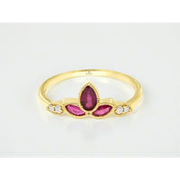 14K Yellow Gold Floral Milgrain Ring with Pear and Marquise Rubies and Diamond Accents - 0.42 Carat Ruby and 0.06 Carat Diamond Total Weight - Royal Jewelry