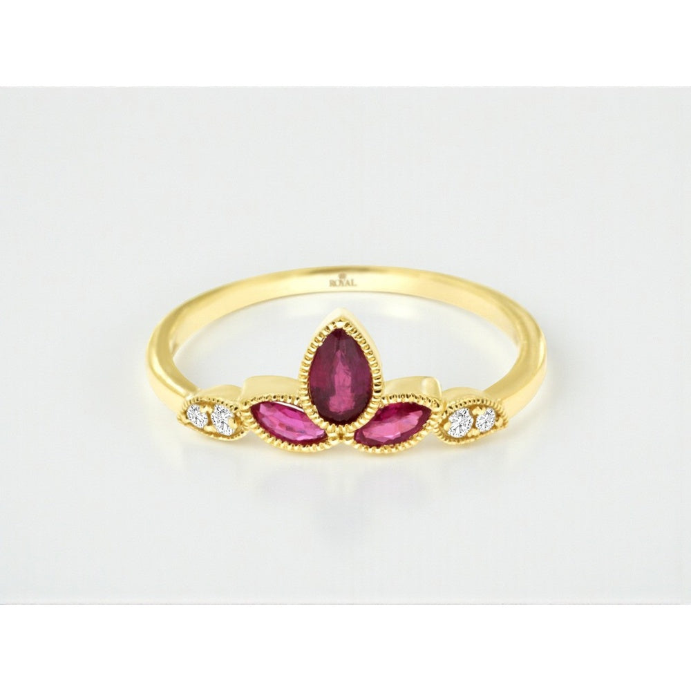 14K Yellow Gold Floral Milgrain Ring with Pear and Marquise Rubies and Diamond Accents - 0.42 Carat Ruby and 0.06 Carat Diamond Total Weight - Royal Jewelry
