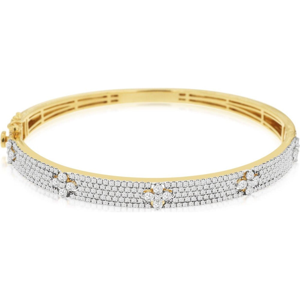 14K Yellow Gold Floral Motif Hinged Bangle with Pavé Set Round Diamonds - 2.50 Carat Total Diamond Weight - Royal Jewelry
