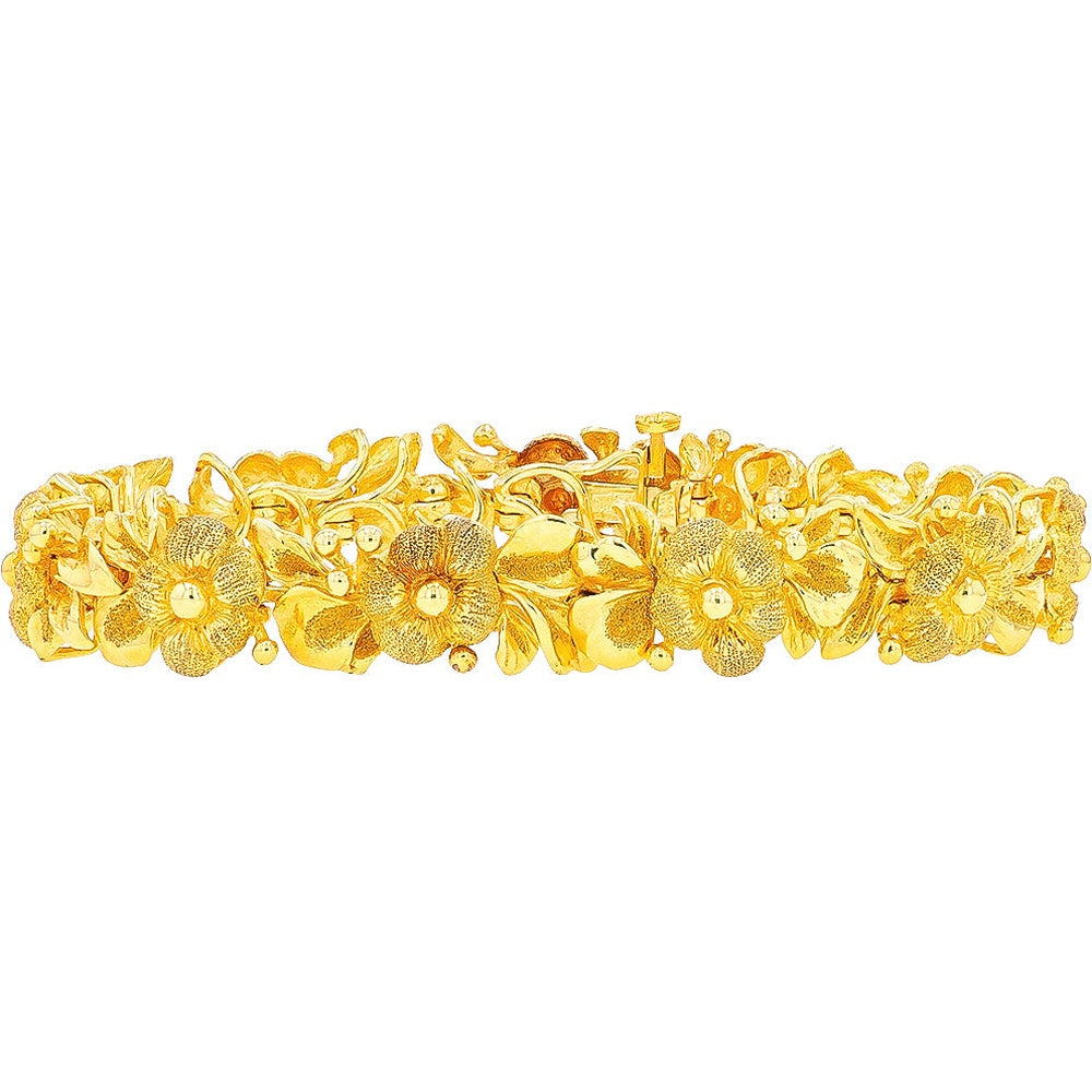 14K Yellow Gold Floral Motif Link Bracelet with Sculpted Textured Petals - 7 Inch Length, 29.88 Grams