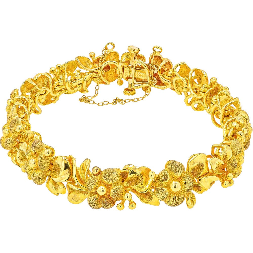 14K Yellow Gold Floral Motif Link Bracelet with Sculpted Textured Petals - 7 Inch Length, 29.88 Grams