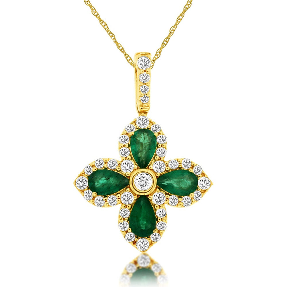 14K Yellow Gold Floral Motif Pendant with Pear-Shaped Emeralds and Diamond Halo - 0.85 Carat Total Emerald Weight and 0.40 Carat Total Diamond Weight - Royal Jewelry
