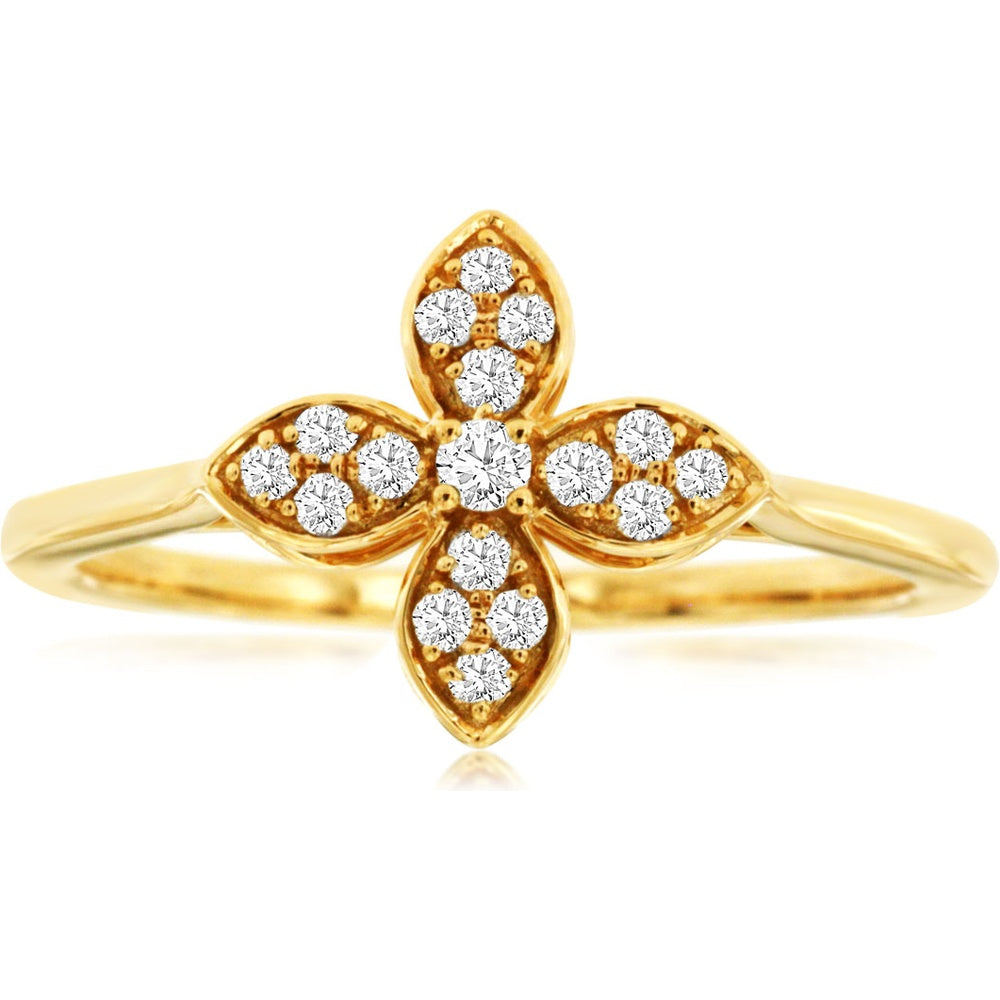 14K Yellow Gold Floral Motif Ring with Pavé Set Round Diamonds - 0.16 Carat Total Diamond Weight - Royal Jewelry