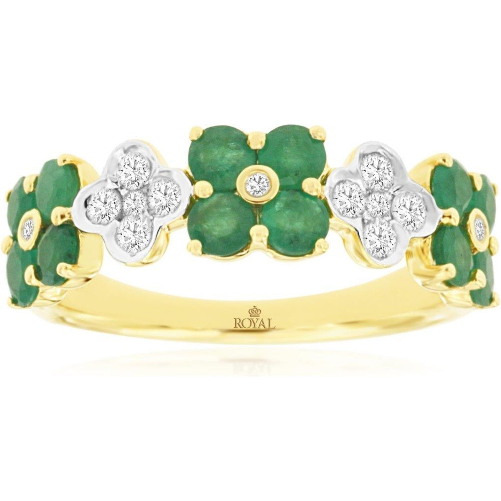 14K Yellow Gold Floral Motif Ring with Prong-Set Cushion Emeralds and Bezel and Pave Set Round Diamonds - 1.40 Carat Emerald and 0.38 Carat Diamond Total Weight - Royal Jewelry