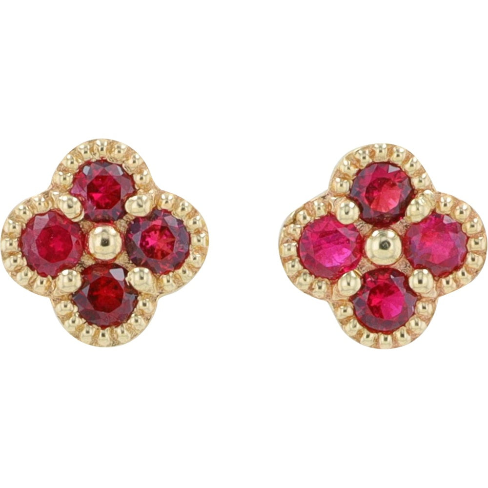 14K Yellow Gold Floral Motif Stud Earrings with Milgrain Edge and Prong-Set Round Rubies - 0.15 Carat Total Ruby Weight
