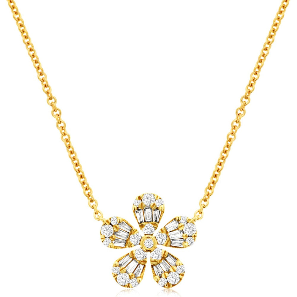14K Yellow Gold Floral Pendant Necklace with Baguette and Round Diamond Petals - 0.28 Carat Total Diamond Weight - Royal Jewelry