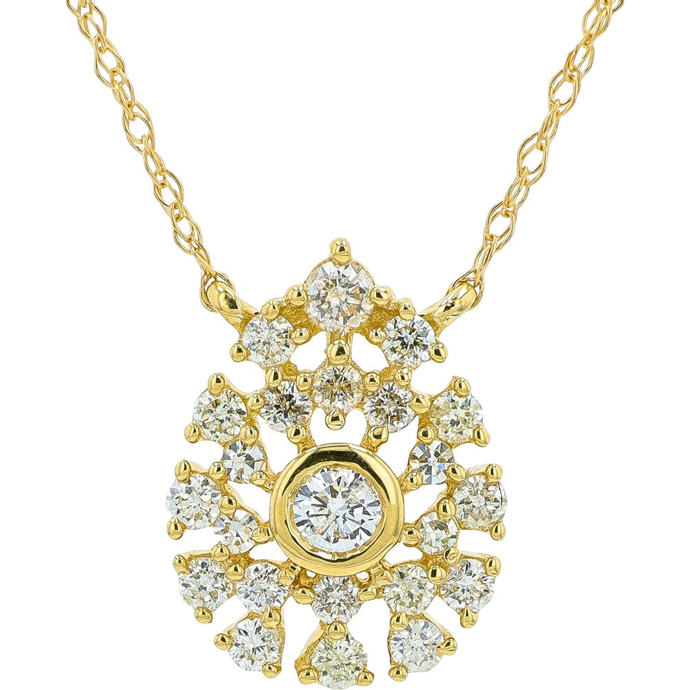 14K Yellow Gold Floral Pendant Necklace with Bezel-Set Center and Prong-Set Round Diamonds - 0.36 Carat Total Diamond Weight