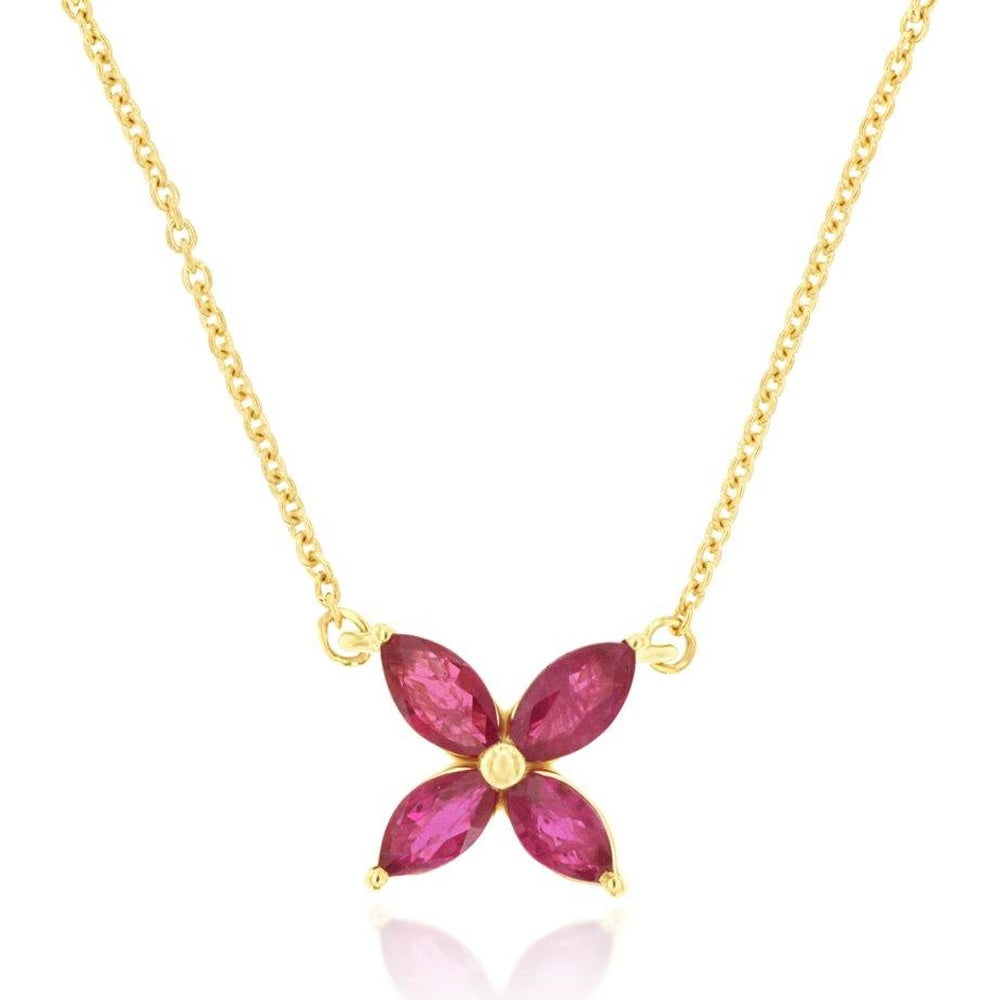 14K Yellow Gold Floral Pendant Necklace with Marquise-Cut Rubies - 0.57 Carat Total Ruby Weight - Royal Jewelry