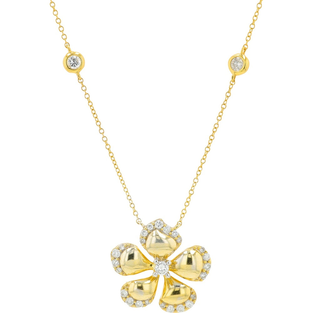14K Yellow Gold Floral Pendant Necklace with Pave-Set Diamond Petals and Bezel Stations - 0.50 Carat Total Diamond Weight