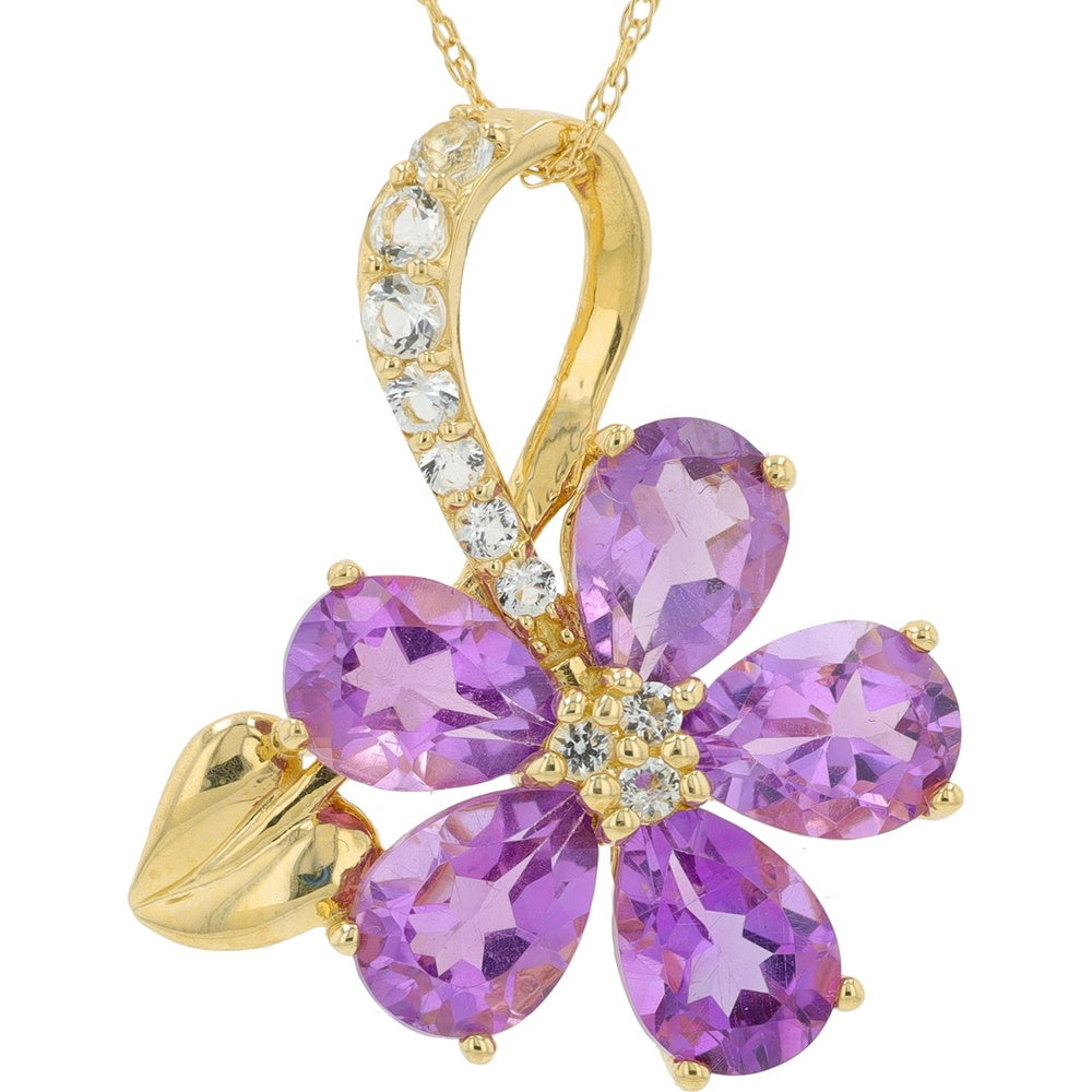 14K Yellow Gold Floral Pendant Necklace with Pear-Shaped Amethyst Petals and Prong-Set White Topaz Accents