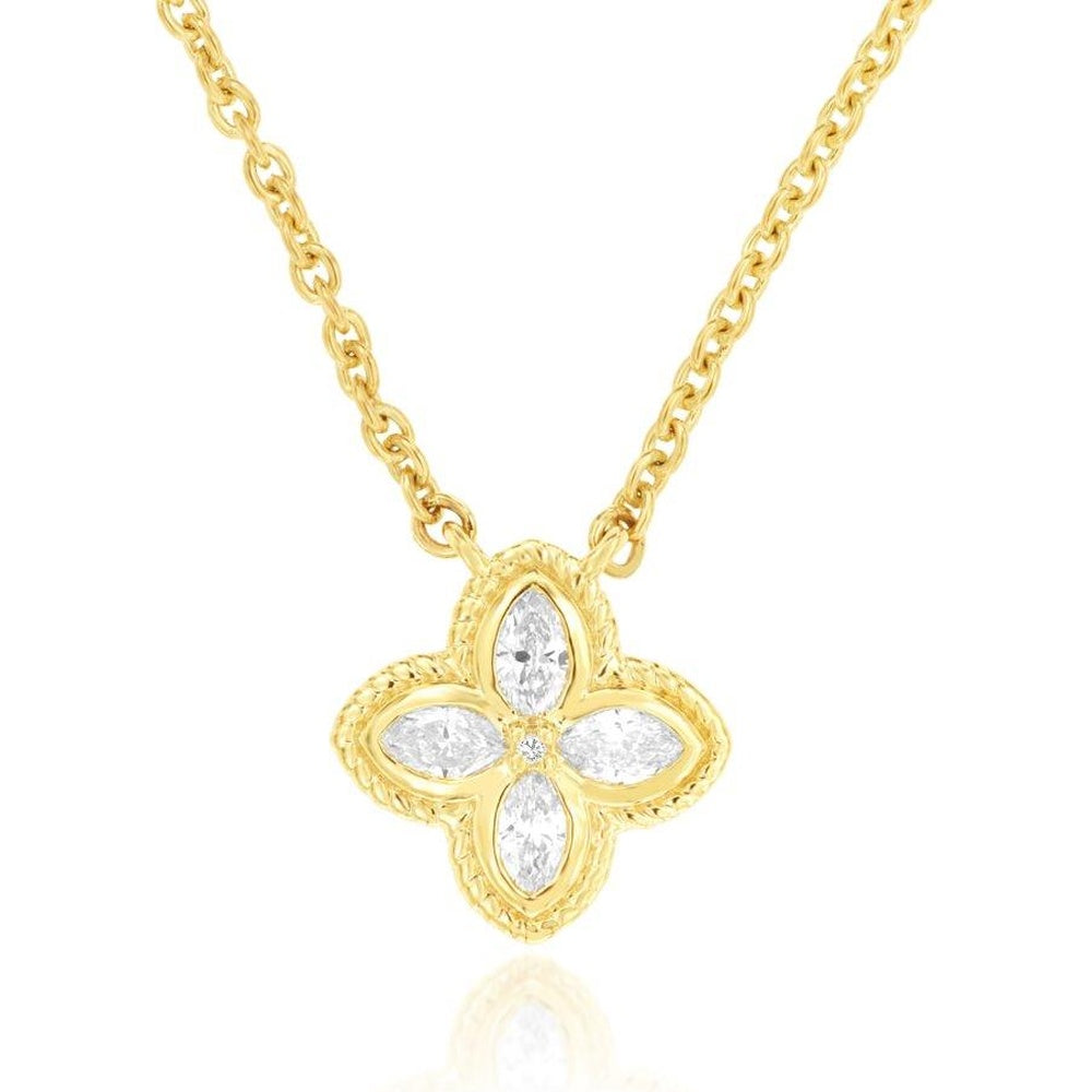 14K Yellow Gold Floral Pendant Necklace with Prong-Set Pear-Shaped Diamonds - 0.28 Carat Total Diamond Weight - Royal Jewelry