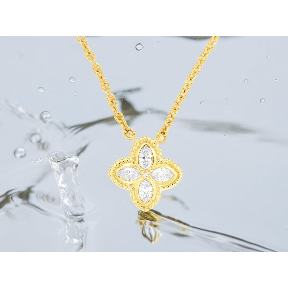 14K Yellow Gold Floral Pendant Necklace with Prong-Set Pear-Shaped Diamonds - 0.28 Carat Total Diamond Weight - Royal Jewelry