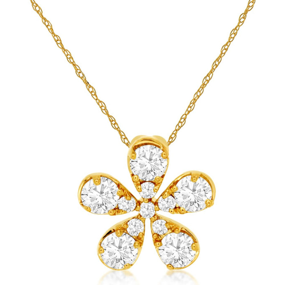 14K Yellow Gold Floral Pendant Necklace with Prong-Set Round Diamonds - 0.50 Carat Total Diamond Weight - Royal Jewelry