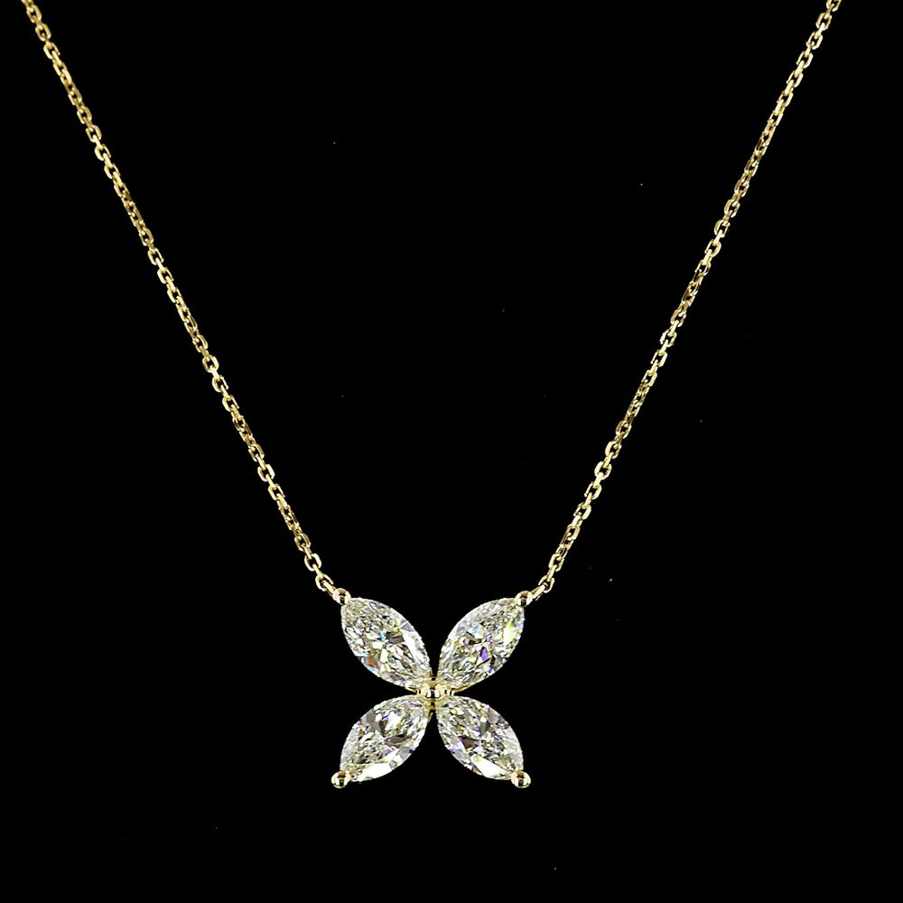 14K Yellow Gold Floral Pendant  with 4 Prong-Set Marquise Cut Lab Diamonds - 2.10 Carat Total Diamond Weight - Covaloro Fine Jewelry