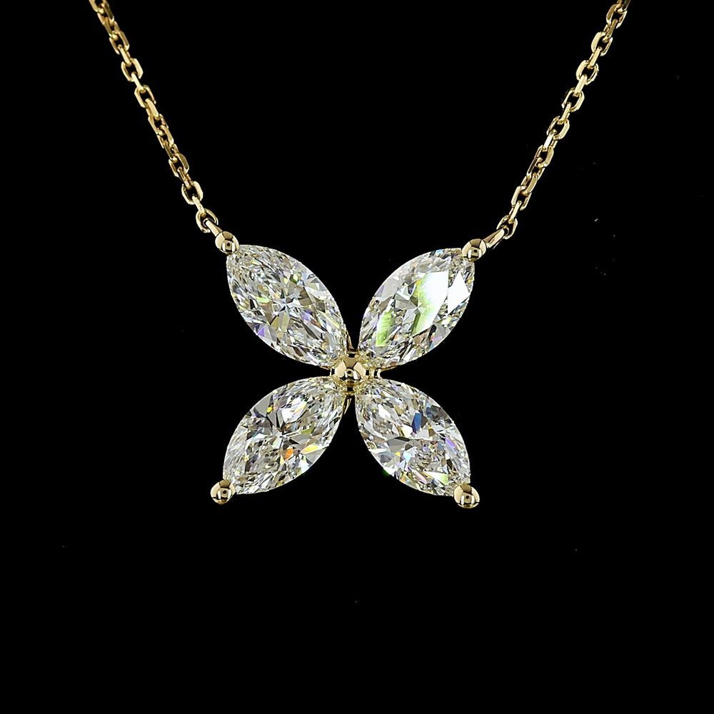 14K Yellow Gold Floral Pendant  with 4 Prong-Set Marquise Cut Lab Diamonds - 2.10 Carat Total Diamond Weight - Covaloro Fine Jewelry