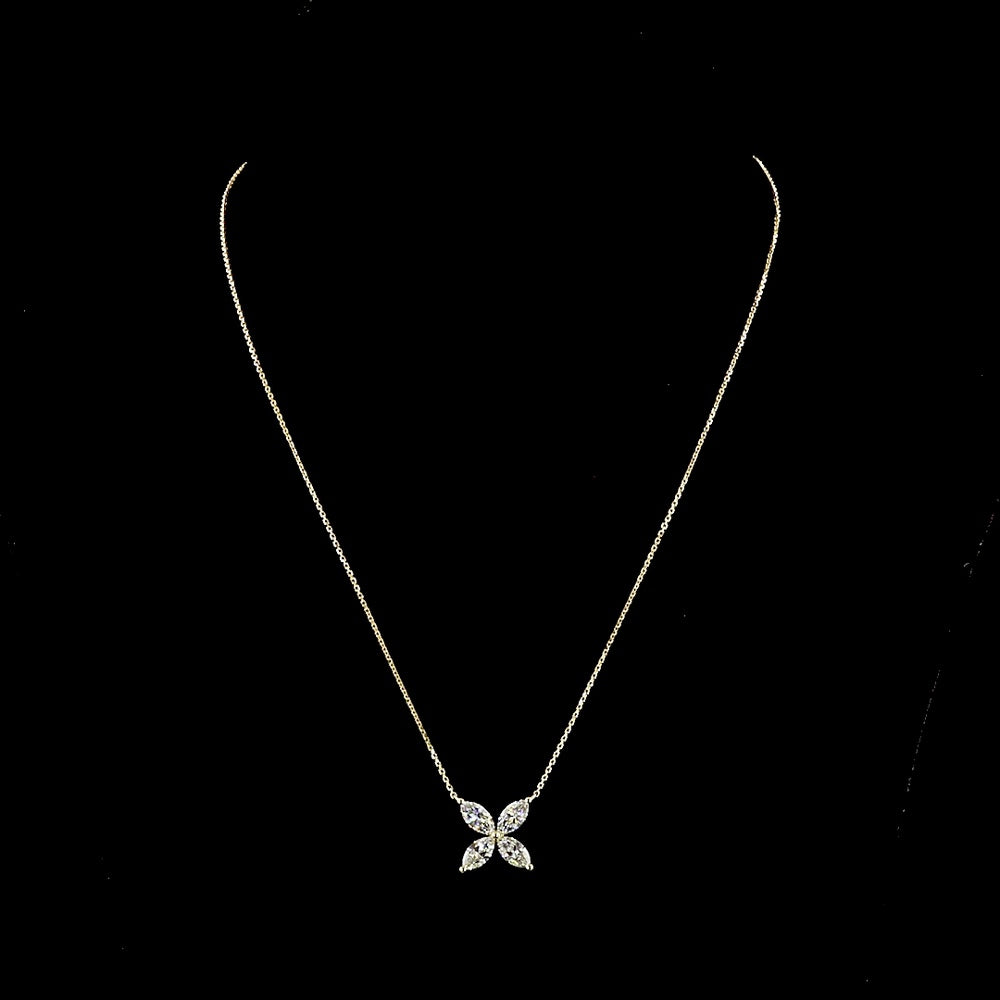 14K Yellow Gold Floral Pendant  with 4 Prong-Set Marquise Cut Lab Diamonds - 2.10 Carat Total Diamond Weight - Covaloro Fine Jewelry