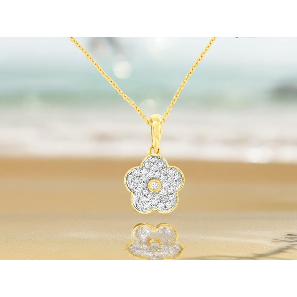 14K Yellow Gold Floral Pendant with Bezel-Set and Pavé-Set Round Diamonds - 0.14 Carat Total Diamond Weight - Royal Jewelry