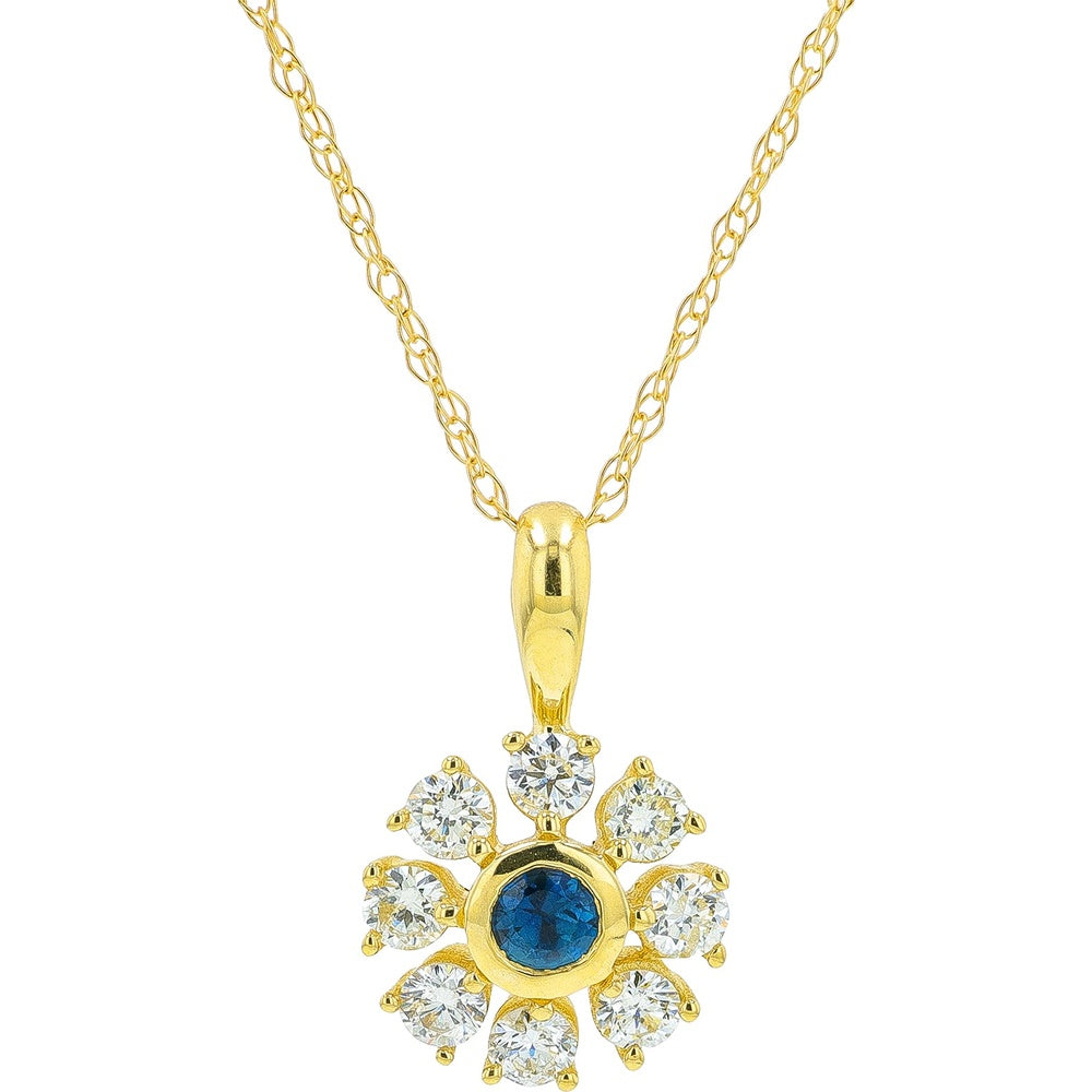 14K Yellow Gold Floral Pendant with Bezel-Set Sapphire and Round Diamond Petals - 0.27 Carat Total Diamond Weight