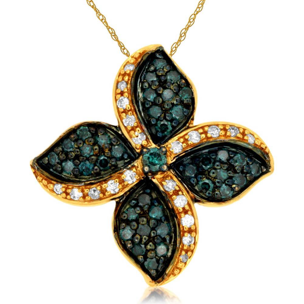 14K Yellow Gold Floral Pendant with Diamond & Blue Diamonds - 0.50 Carats Total Weight